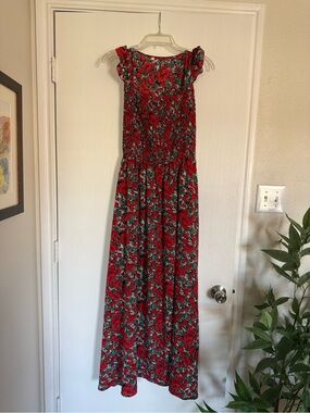 Red Floral Maxi Dress with Smocked Bodice
